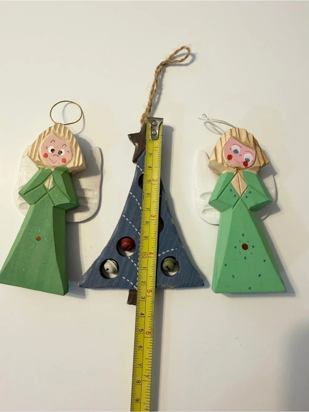 Angels & Bell Tree Christmas Bauble Ornaments Wood Set Of 3 Multicolor Hanging